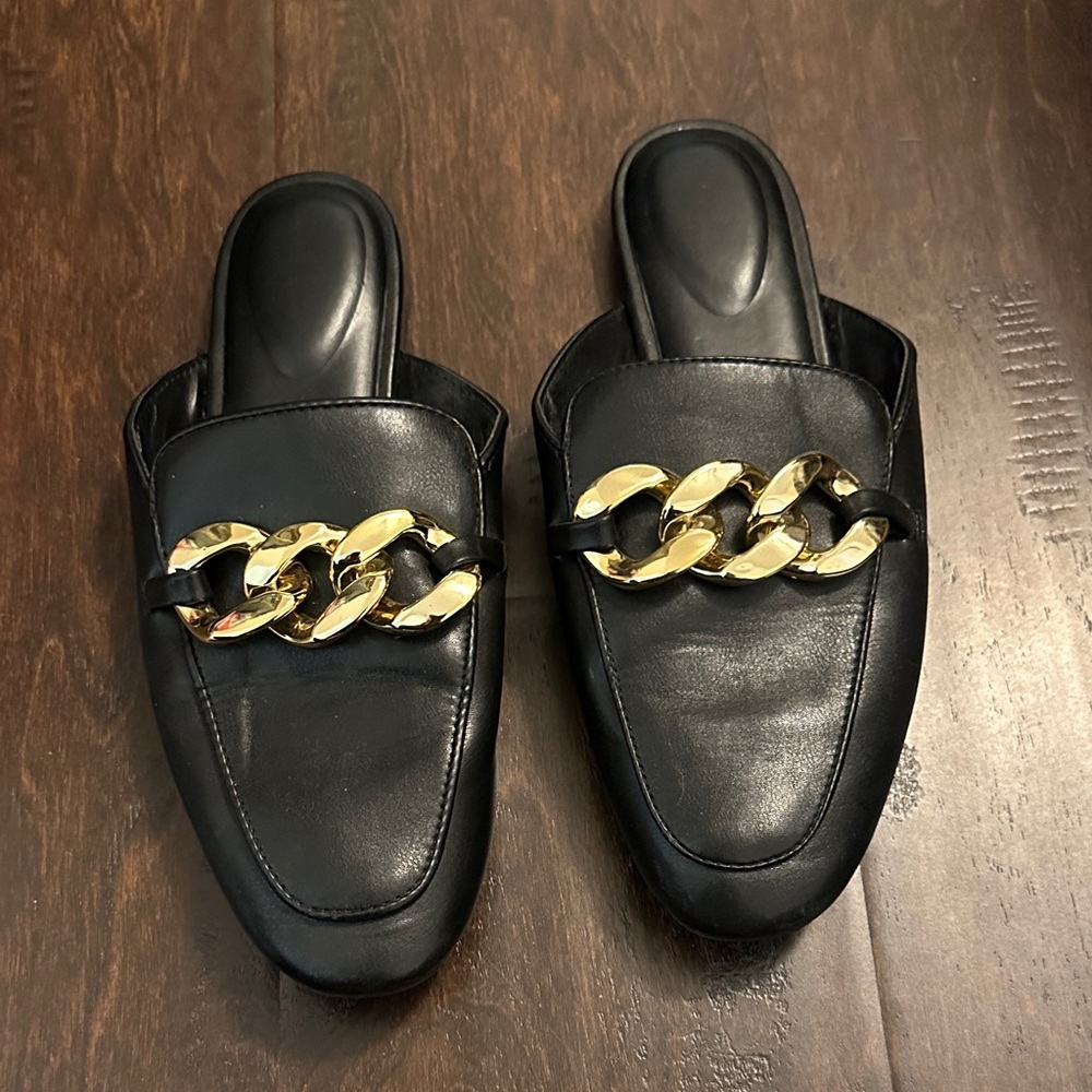 Black Slip-On Loafers with Gold Chain Accent
